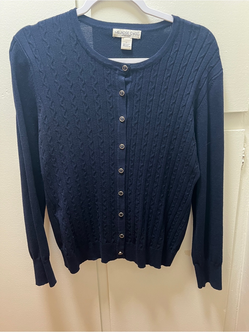 Melrose Chic Navy Cable-Pattern Button Cardigan